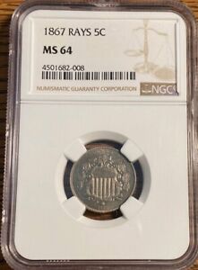 1867 Rays Shield Nickel - NGC MS64 - Free Shipping