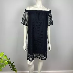 Vestido recto Witchery talla 16 sin hombros mangas negro con superposición de ganchillo - Imagen 1 de 14