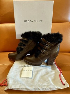 Botines de mujer SEE BY CHLOÉ cuero marrón piel negra talla 39 EE. UU. 8,5-9 nuevos Foto 1 de 4