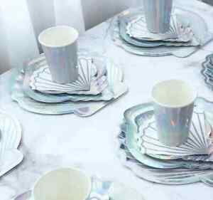 8 person Silver Mermaid Shell Plates and cups Mermaid Theme Party tableware