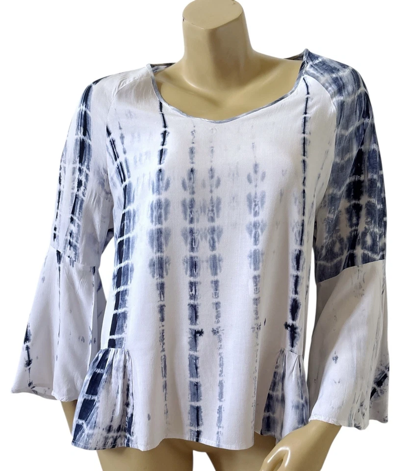 MONORENO Womens Size Medium Tie Dye Hippie Bell Sleeve V Neck Ruffled Shirt Top - Image 1 of 4