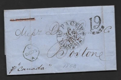 CANTON CHINA 1853 STAMPLESS FOLDED COVER BR PACKET BOSTON PER CANADA TO US - Image 1 of 4