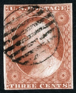 US Sc 10A Type II Orange Brown 3¢ 1851 Blk Circular Grid Cxl Position 67R1E - Picture 1 of 1