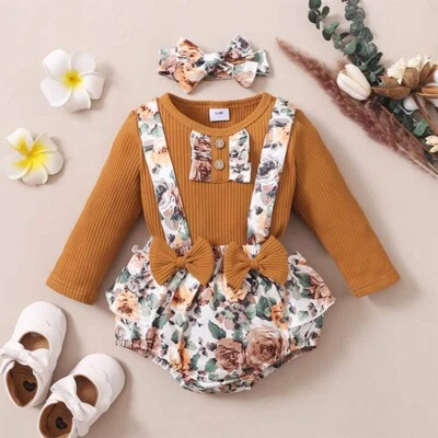 Newborn Baby Girl Clothes Romper Bodysuit Floral Tops Shorts Headband Outfits - Image 1 of 4