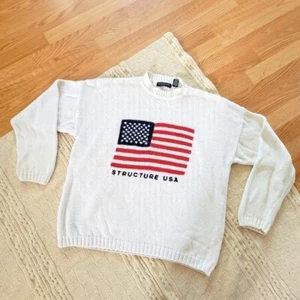 VTG 90s Structure American Flag Knit Crew Neck Sweater size L Unisex White - Picture 1 of 10