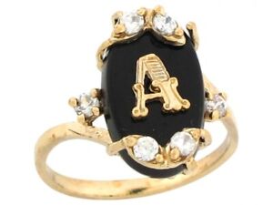 10k or 14k Real Yellow Gold Onyx Letter A Initial with CZ Accents Ring