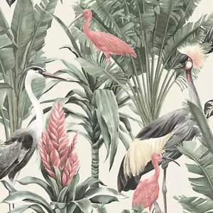 Carta da parati Manu Tropical Birds Palm foglie mondo di carta da parati crema AF0020 - Foto 1 di 8