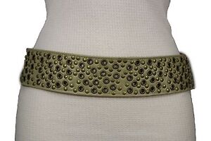 Women Fashion Tie Belt Hip Waist Beige Faux Leather Gold Metal Studs Holes S M L