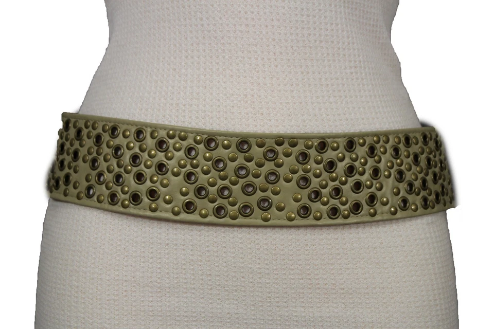 Women Fashion Tie Belt Hip Waist Beige Faux Leather Gold Metal Studs Holes S M - Image 1 of 1