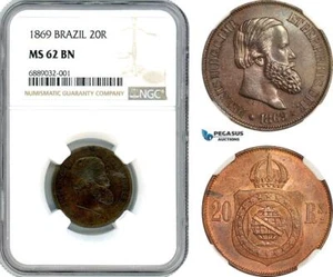 AJ915, Brazil, Pedro II, 20 Reis 1869, Rio de Janeiro Mint, NGC MS62BN - Picture 1 of 1