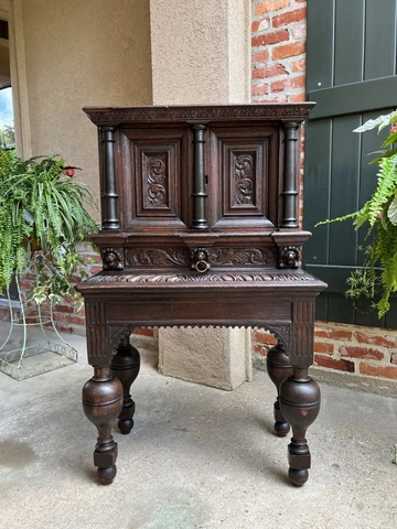 Antique French Carved Oak Cabinet Vestry Altar Wine Renaissance Sideboard c1860 Cover