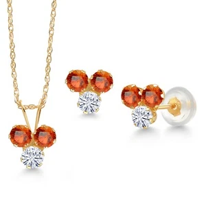 14K Yellow Gold Orange Sapphire and White Moissanite 3 Stone Pendant Earrings - Picture 1 of 3