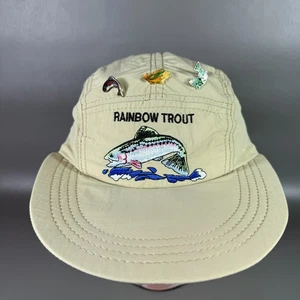 VTG Fishing Hat Long Bill 5 Panel Tan Cap Rainbow Trout w/ Pins Adjustable USA - Picture 1 of 16
