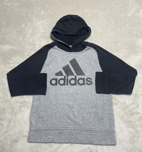 Adidas Hoodie Size 8 Gray Black Boys Pullover Large Center Logo Sweatshirt - Picture 1 of 8