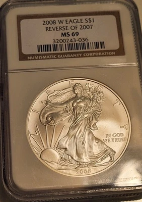 W Silver Burnished Eagle 2008 con reverso 2007 MS69 ¡NGC! ¡Espectacular moneda! Foto 1 de 4