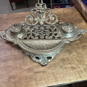 Vintage Brass Double Inkwell Stand w/ North WInd Northwind Face Andrea By Sadek - Picture 1 of 7