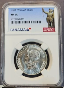 1962 PANAMA SILVER 1/2 BALBOA VASCO NUNEZ DE BALBOA NGC MS 65 BRIGHT GEM BU - Picture 1 of 3