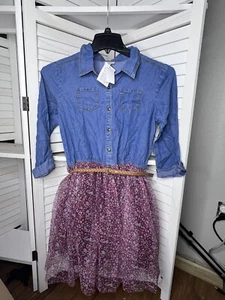 NWT Zenzi Girls 3/4 Sleeve Denim Tulle Dress Burgundy Floral ~ Lined XXL 16/18 - Picture 1 of 7