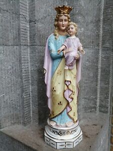 Big Antique France Porcelain Bisque Madonna Virgin Mary Baby Jesus Statue Figure