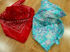 2 Teal & Red Ice Dyed Upcycled Distressed Cotton Biker Kerchief Bandana 20"