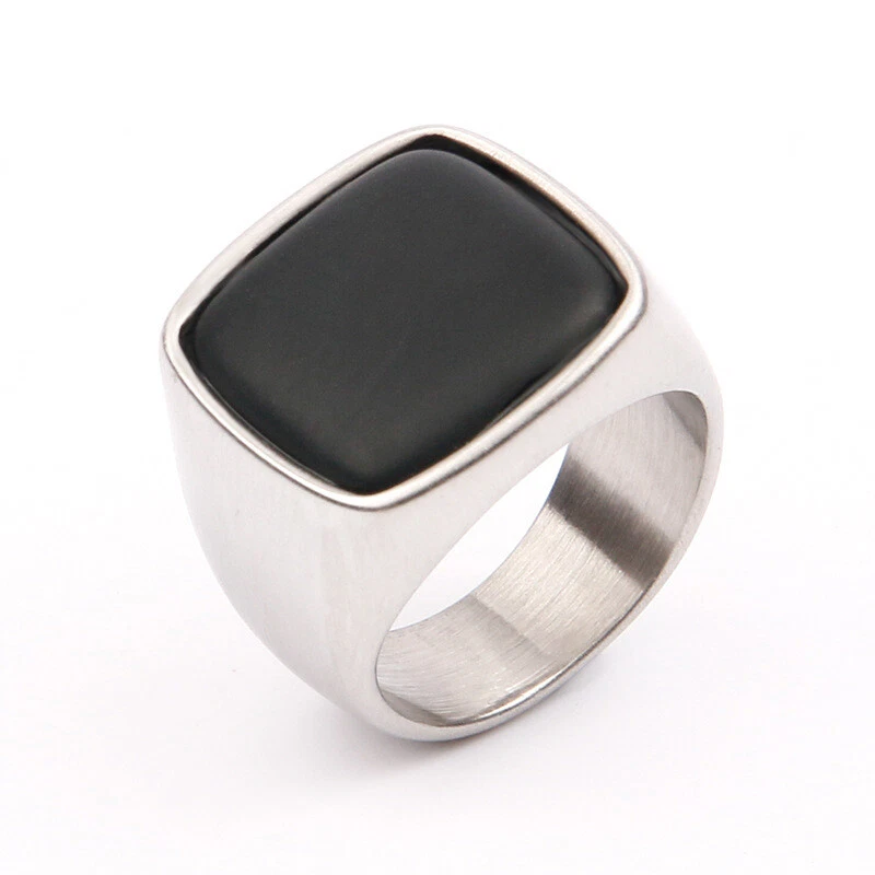 Anillo de boda retro cuadrado de piedra negra para hombre de acero inoxidable plateado talla 6-15 Foto 1 de 1