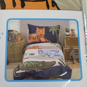 Carters 4pc Toddler Bedding Set Jungle Animal Tiger Elephant Safari Zoo Navy Tan - Picture 1 of 12