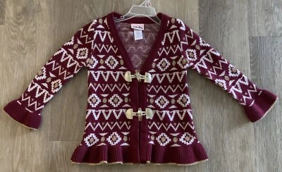 Little Lass Girl’s Size 4T Burgundy & White Print Cardigan & Gold Trim In Front - Image 1 of 4