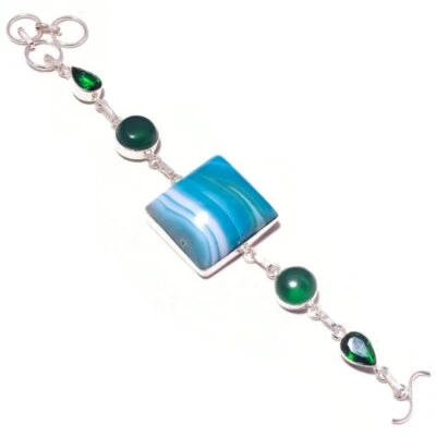 Natural Banded Agate, Diopside Glass Gemstone Silver Overlay Handmade Bracelet - Image 1 of 3