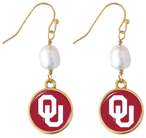 Oklahoma Sooners Diana Gold and Pearl Dangle Earrings Jewelry Gift Red White OU Cover