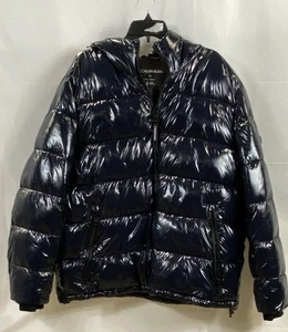 Calvin Klein NWT Dark Navy High Shine Hooded Puffer Jacket Men's XL - Picture 1 of 9