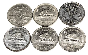 # C8244 CANADA COINS, FIVE CENTS 6 DIFFERENT DATES - Picture 1 of 2
