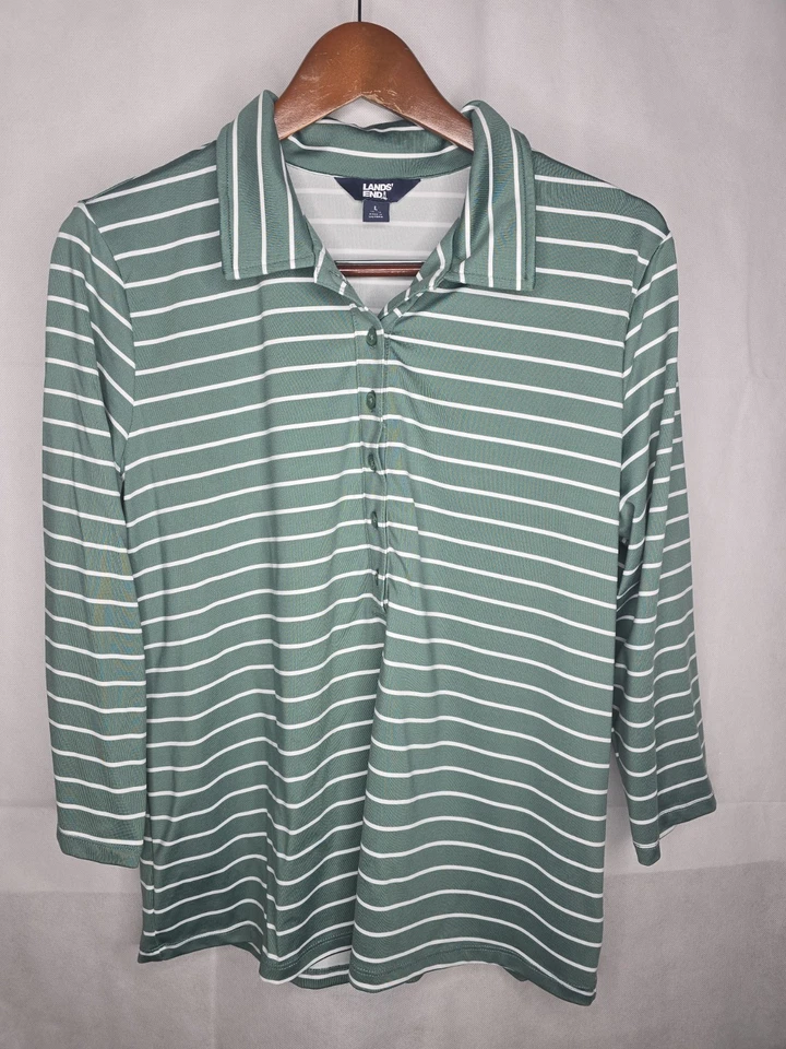 Camisa Polo Lands' End Verde Blanco Rayas Jersey Nylon Manga 3/4 L 14-16 Foto 1 de 4