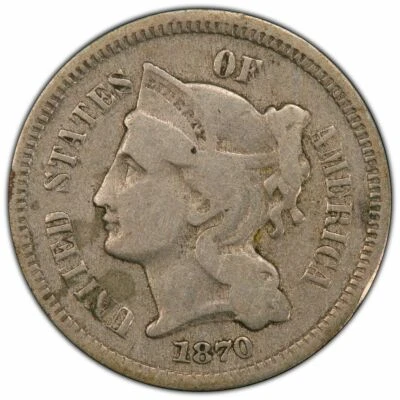 1870 3CN PCGS Gold Shield 3736 Genuine VG Details 94 Altered Surf 42470036 - Image 1 of 2