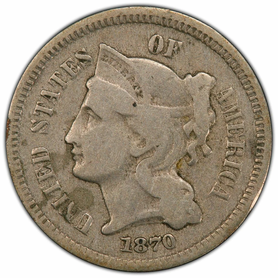 1870 3CN PCGS Gold Shield 3736 Genuine VG Details 94 Altered Surf 42470036 - Image 1 of 2