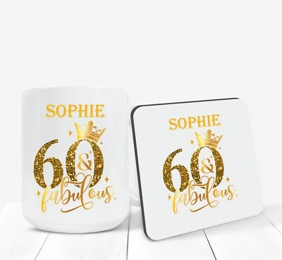 CLARELY'S PRINTING Personalised 60th Birthday Gift 60th Gold Mug, Coaster or Mug & Coaster Gift Set