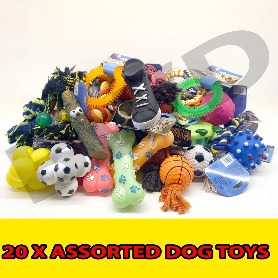 20 x ASSORTED  PET DOG SQUEAKY CHEW ROPE BALL RUBBER FETCH TOYS - Image 1 of 1