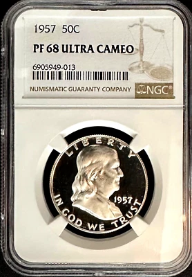 1957 PROOF FRANKLIN NGC PR68 ULTRA CAMEO, APELO EXCEPCIONAL, SEM MANCHAS E TONIFICAÇÃO - Imagem 1 de 4