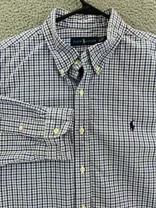 RALPH LAUREN Camicia Oxford Manica Lunga Uomo XL Blu Bianco Finestra Plaid Pony - Foto 1 di 18