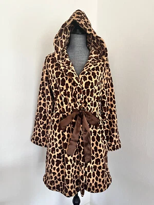 Capelli New York Soft Plush Hooded Short Robe Satin Belt Brown Leopard Print S - Image 1 of 4