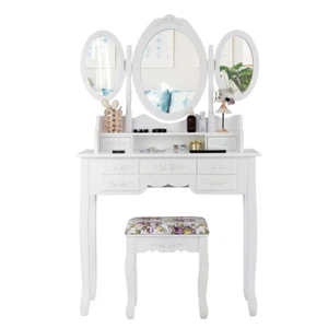 Costway Tri-Folding Mirror Vanity Makeup Table Stool Set Set W/7 Drawer White - Picture 1 of 7