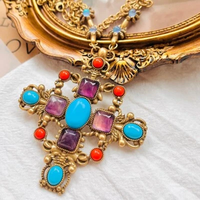 Vintage Cross Sweater Chain Necklace Amethyst and Turquoise Natural Ston - Image 1 of 4