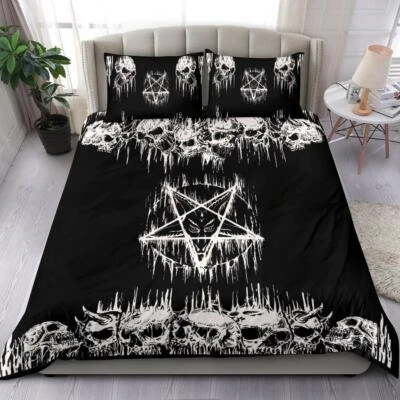 Juego de edredón oculto pentagrama de fusión invertido calavera satánica ropa de cama Baphomet Foto 1 de 4
