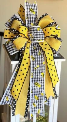10 " FARMHOUSE MINI CHECK BUMBLEBEE WIRED BOW for DOOR WREATH LIGHT POST # 194 - Image 1 of 4