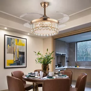 42" Retractable Crystal Chandelier Gold LED Invisible Ceiling Fan Light w/Remote - Picture 1 of 13