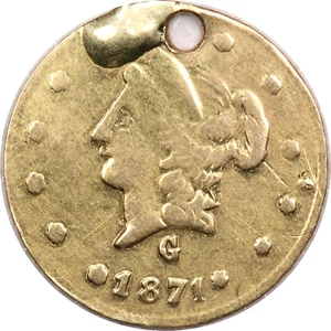 1871 G California Fractional Gold Round 50 Cents, Very Fine VF Holed, BG-1026 R4 - Picture 1 of 2