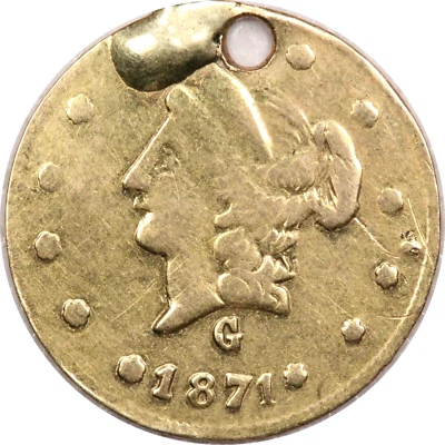 Oro fraccional California 1871 G redondo 50 centavos, muy fino perforado en estado bastante bueno, BG-1026 R4 Foto 1 de 2
