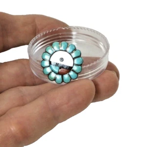 Vintage PETITE Zuni Sun Face Kachina Turquoise Coral MOP Silver Ring Size 6.5 1B - Picture 1 of 7