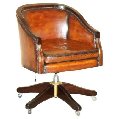 VINTAGE FULLY RESTORED BROWN LEATHER BARREL BACK DIRECTORS CAPTAINS ARMCHAIR - Image 1 of 4