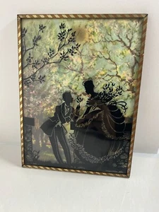 Antique silhouette painted on convex glass 6" x 8" Man giving flower to lady - Picture 1 of 1