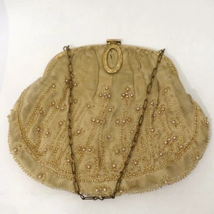 Antiguo bolso monedero vintage delicado con cuentas pedrería perlas doradas de imitación Francia - Imagen 1 de 11